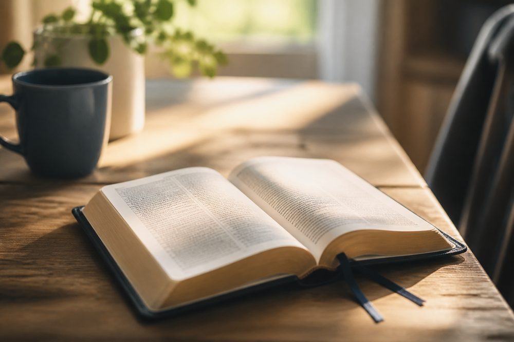 Biblia abierta sobre la mesa de estudio